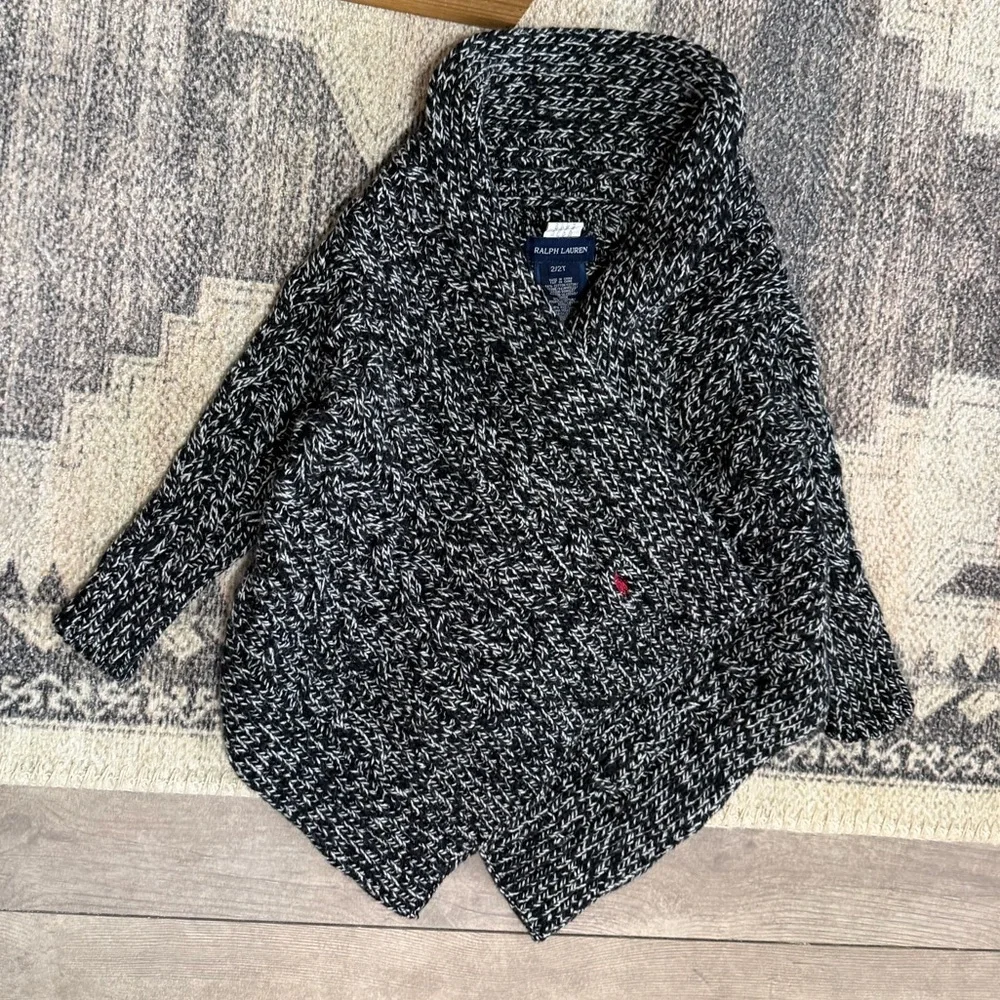 Ralph Lauren Toddler Girl Chunky Knit Black & White Marled Shawl-Collar Cardigan